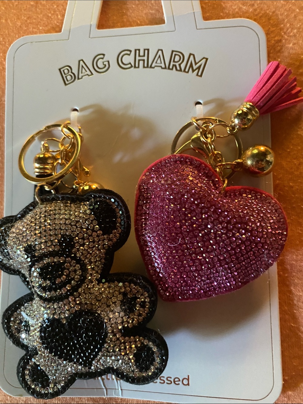 Sparkling Pink Heart & Black Bear Keychain Set - Women Accessories